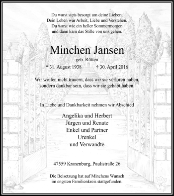 Traueranzeige von Minchen Jansen von Klever Wochenblatt
