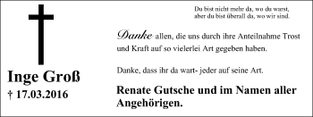 Traueranzeige von Inge Groß von Stadtspiegel Gladbeck