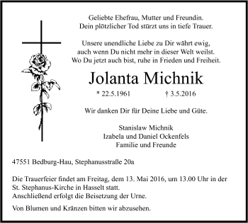 Traueranzeige von Jolanta Michnik von Klever Wochenblatt