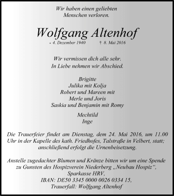 Traueranzeige von Wolfgang Altenhof von Stadtanzeiger Velbert + Heiligenhaus