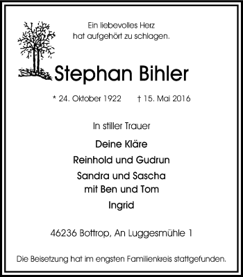 Traueranzeige von Stephan Bihler von Stadtspiegel Bottrop