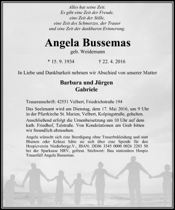 Traueranzeige von Angela Bussemas von Stadtanzeiger Velbert + Heiligenhaus