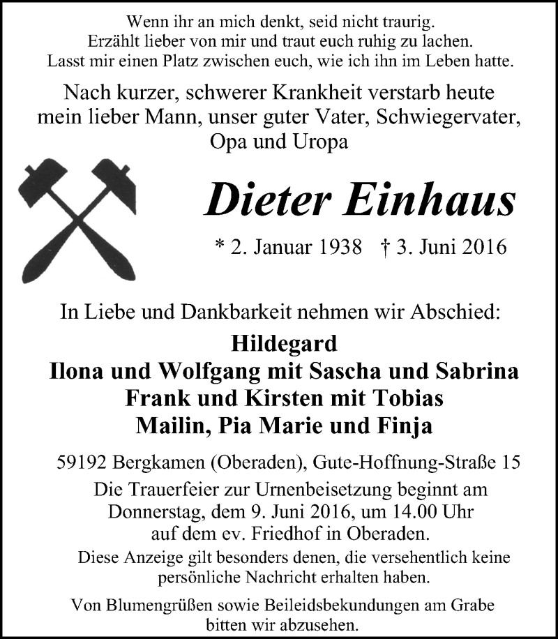  Traueranzeige für Dieter Einhaus vom 08.06.2016 aus Lüner Anzeiger