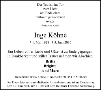 Traueranzeige von Inge Köhne von Mülheimer Woche