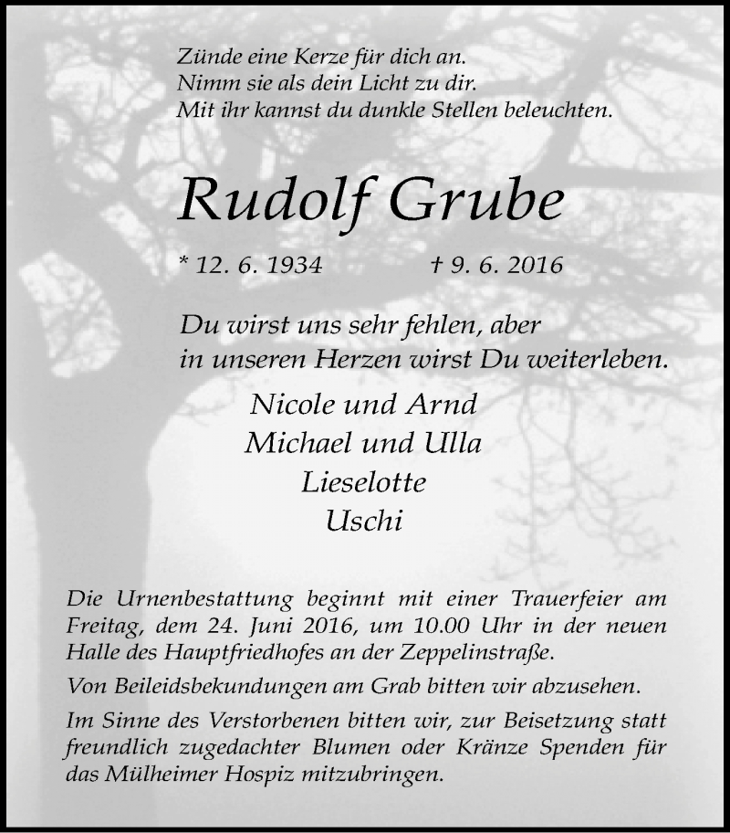  Traueranzeige für Rudolf Grube vom 18.06.2016 aus Mülheimer Woche