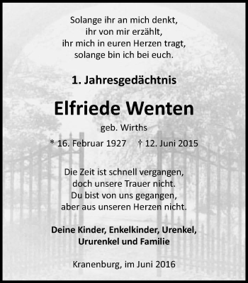 Traueranzeige von Elfriede Wenten von Klever Wochenblatt