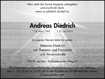 Traueranzeige von Andreas Diedrich von Stadtspiegel Iserlohn + Hemer