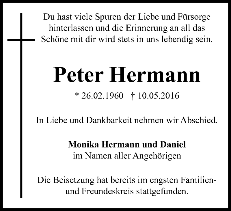  Traueranzeige für Peter Hermann vom 08.06.2016 aus Wochen-Anzeiger Oberhausen