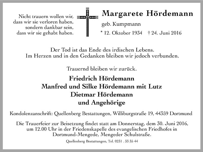  Traueranzeige für Margarete Hördemann vom 29.06.2016 aus Stadtanz.Castrop-Rauxel