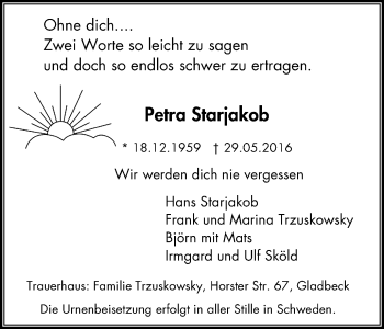 Traueranzeige von Petra Starjakob von Stadtspiegel Gladbeck