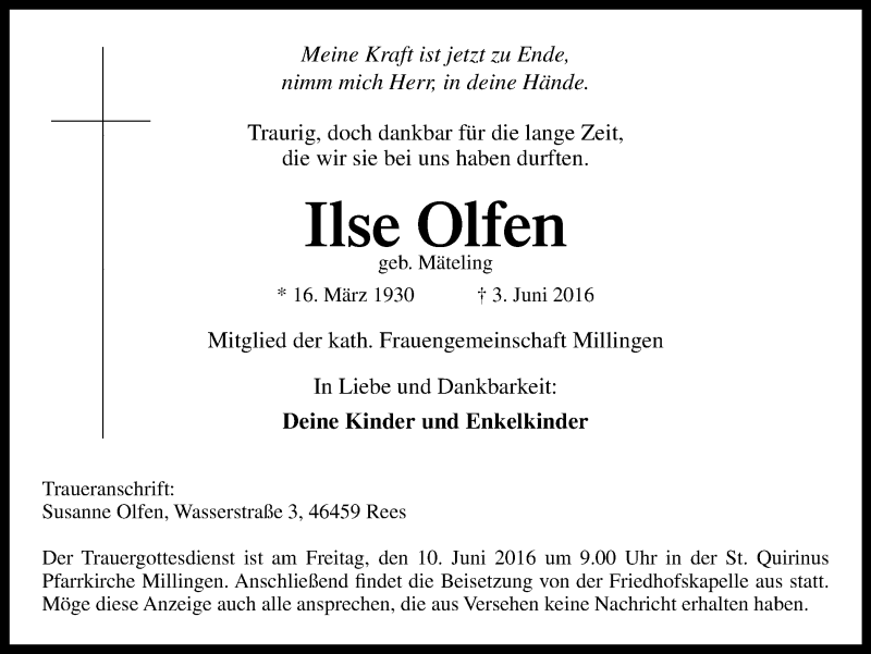  Traueranzeige für Ilse Olfen vom 08.06.2016 aus Stadtanzeiger Emmerich/Rees/Isselburg