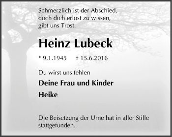 Traueranzeige von Heinz Lubeck von Wochenblatt Herne/Wanne-Eickel