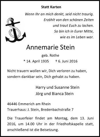 Traueranzeige von Annemarie Stein von Stadtanzeiger Emmerich/Rees/Isselburg