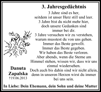 Traueranzeige von Danuta Zapalska von Stadtspiegel Iserlohn + Hemer