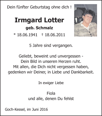 Traueranzeige von Irmgard Lotter von Klever + Gocher Wochenblatt