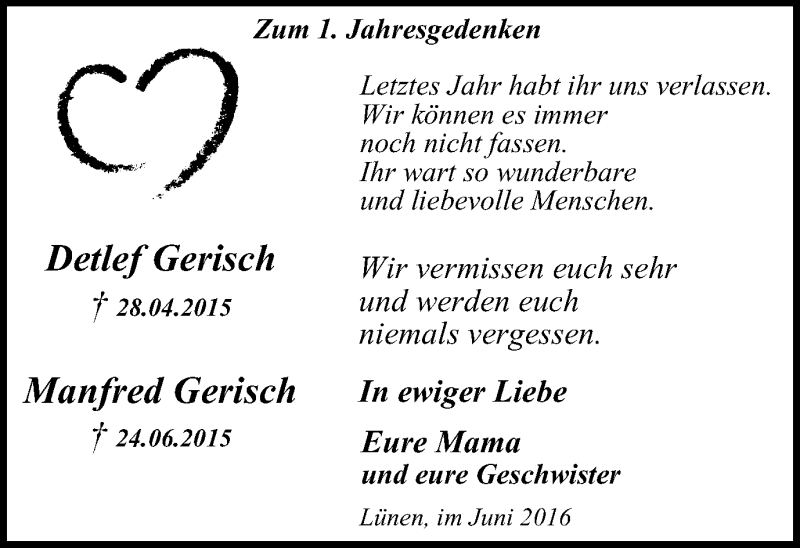  Traueranzeige für Detlef und Manfred Gerisch vom 22.06.2016 aus Lüner Anzeiger
