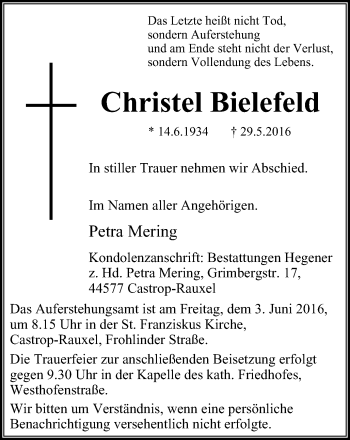 Traueranzeige von Christel Bielefeld von Stadtanz.Castrop-Rauxel