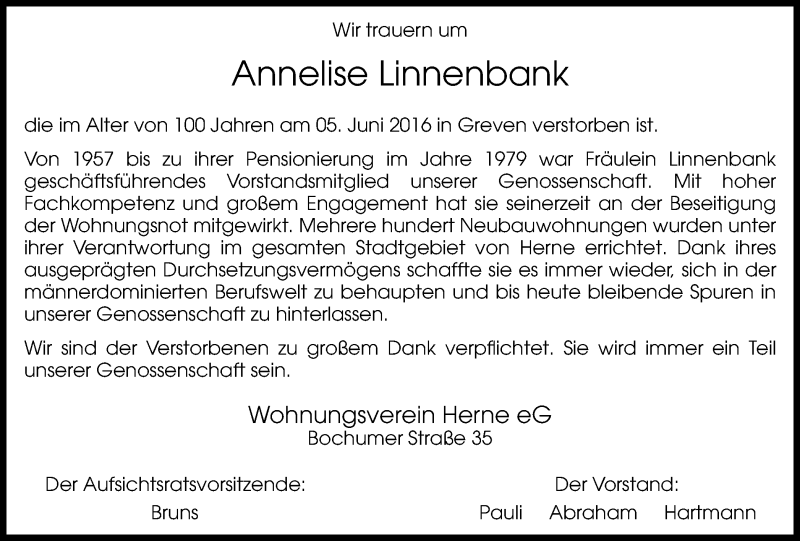  Traueranzeige für Annelise Linnenbank vom 11.06.2016 aus Wochenblatt Herne/Wanne-Eickel