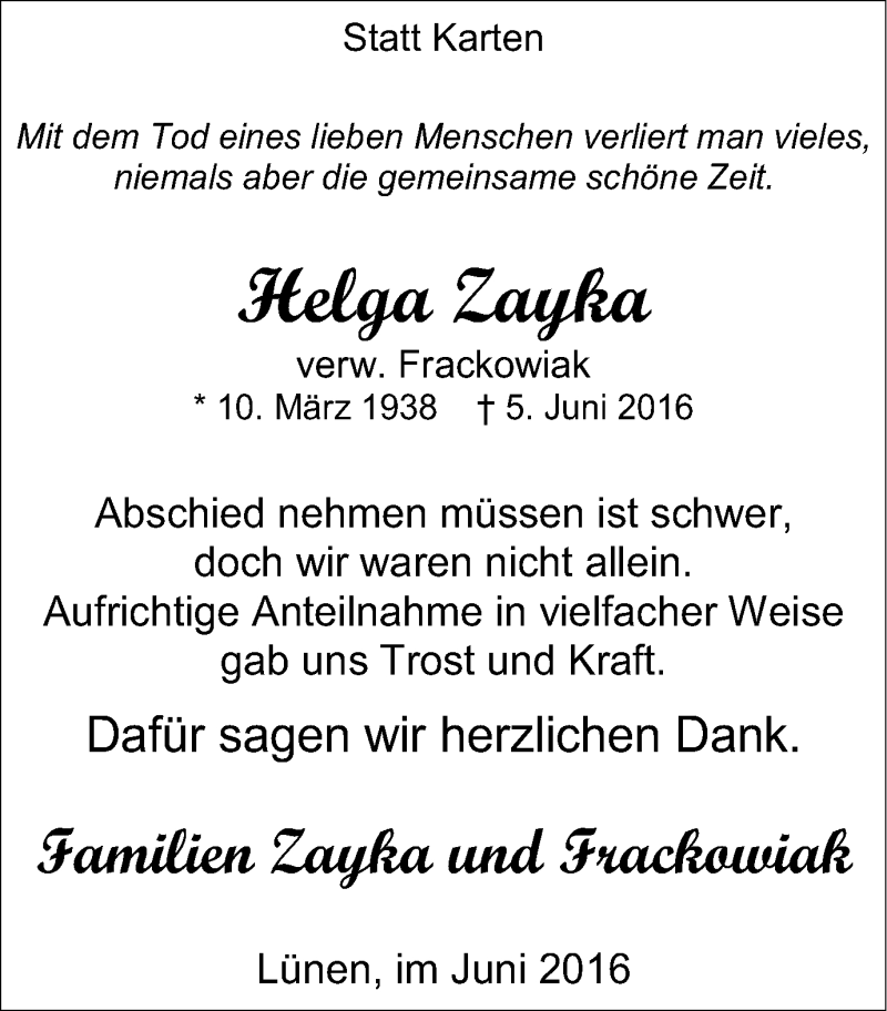  Traueranzeige für Helga Zayka vom 25.06.2016 aus Lüner Anzeiger