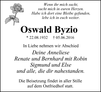 Traueranzeige von Oswald Byzio von Stadtspiegel Gelsenkirchen