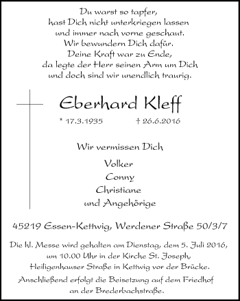 Traueranzeige von Eberhard Kleff von Kettwig Kurier