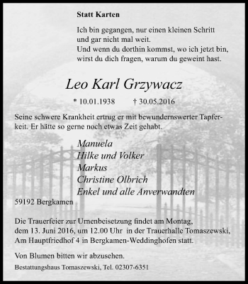 Traueranzeige von Leo Karl Grzywacz von Stadtspiegel Kamen + Unna