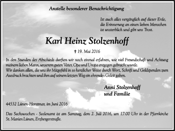 Traueranzeige von Karl Heinz Stolzenhoff von Lüner Anzeiger