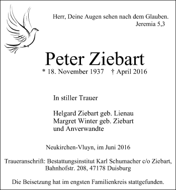 Traueranzeige von Peter Ziebart von Wochen-Magazin Moers + Kamp-L. + Neuk-Vluyn
