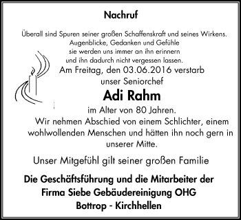 Traueranzeige von Adi Rahm von Stadtspiegel Bottrop