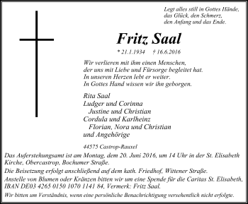 Traueranzeige von Fritz Saal von Stadtanz.Castrop-Rauxel