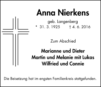Traueranzeige von Anna Nierkens von Klever Wochenblatt