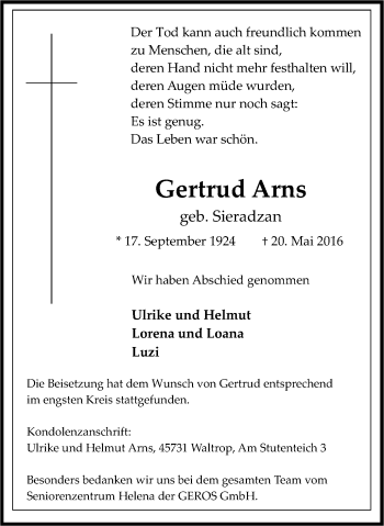 Traueranzeige von Gertrud Arns von Stadtanz.Castrop-Rauxel