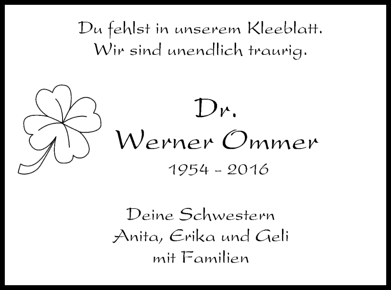  Traueranzeige für Werner Ommer vom 22.06.2016 aus Stadtspiegel Menden + Froendenberg