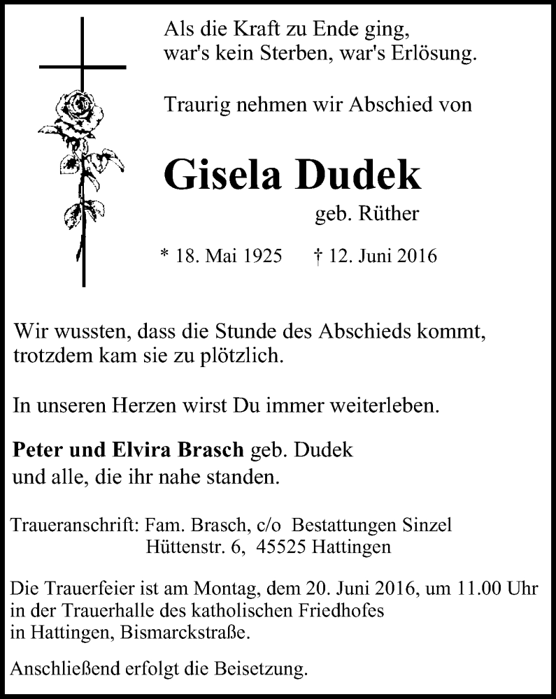  Traueranzeige für Gisela Dudek vom 15.06.2016 aus Stadtspiegel Hattingen/Niedersprockhövel