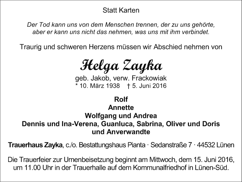  Traueranzeige für Helga Zayka vom 11.06.2016 aus Stadtanzeiger Hagen + Herdecke/Wetter/Vorhalle