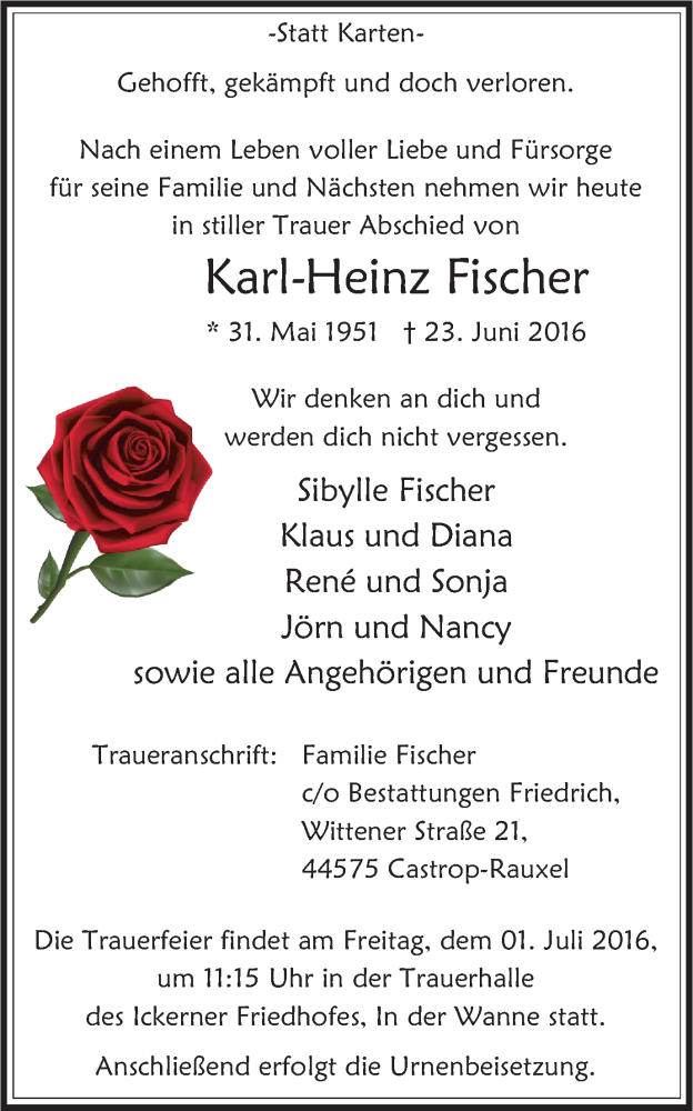  Traueranzeige für Karl-Heinz Fischer vom 29.06.2016 aus Stadtanz.Castrop-Rauxel