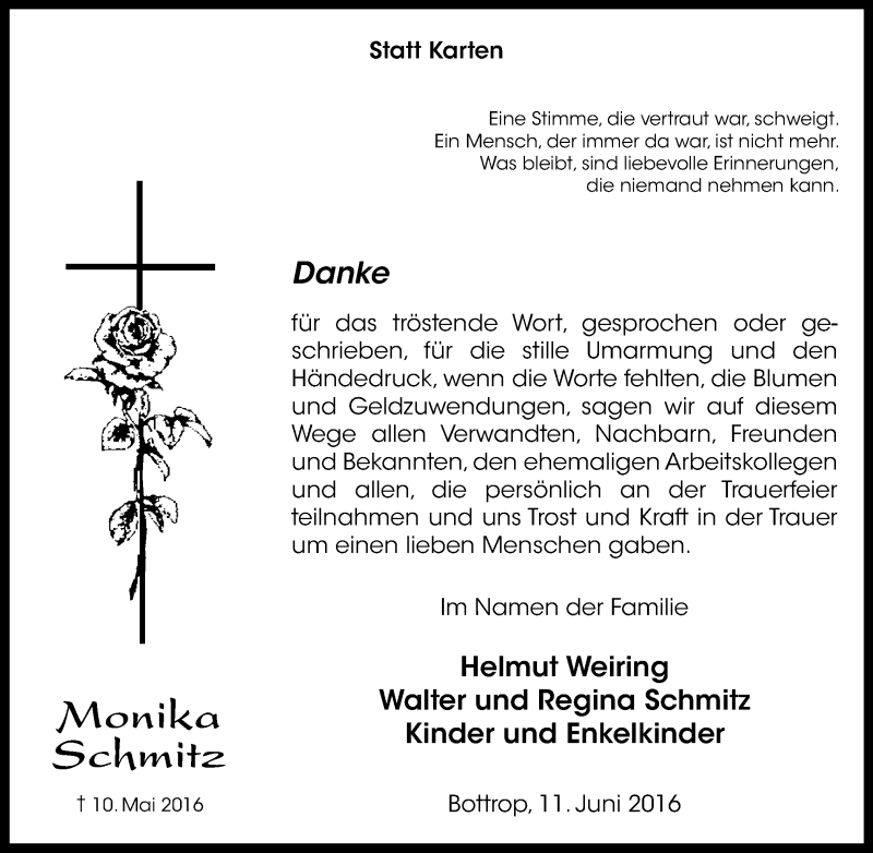  Traueranzeige für Monika Schmitz vom 11.06.2016 aus Stadtspiegel Bottrop