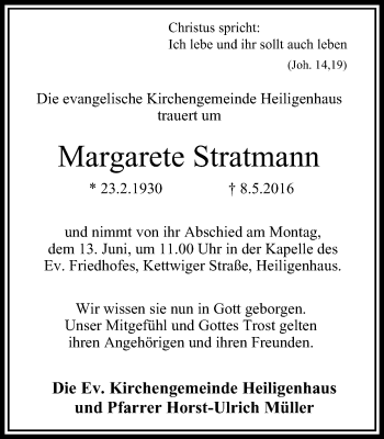 Traueranzeige von Margarete Stratmann von Stadtanzeiger Velbert + Heiligenhaus