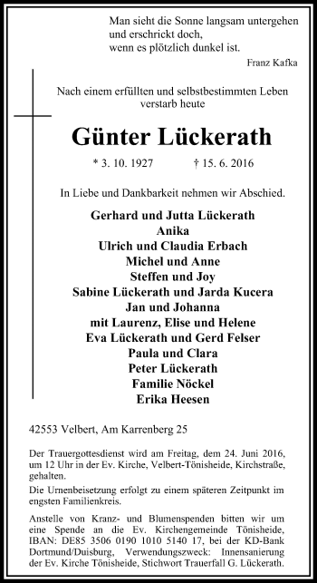 Traueranzeige von Günter Lückerath von Stadtanzeiger Velbert + Heiligenhaus