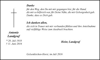 Traueranzeige von Antonie Landgraf von Stadtspiegel Gelsenkirchen