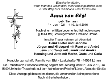 Traueranzeige von Anna vax Elst von Lüner Anzeiger