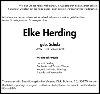 Traueranzeige von Elke Herding von Der Weseler + Der Xantener