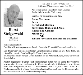 Traueranzeige von Horst Steigerwald von Stadtanzeiger Emmerich/Rees/Isselburg