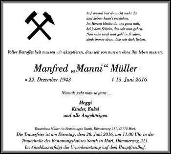 Traueranzeige von Manfred  Müller von Stadtspiegel Marl