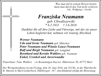 Traueranzeige von Franziska Neumann von Stadtanz.Castrop-Rauxel