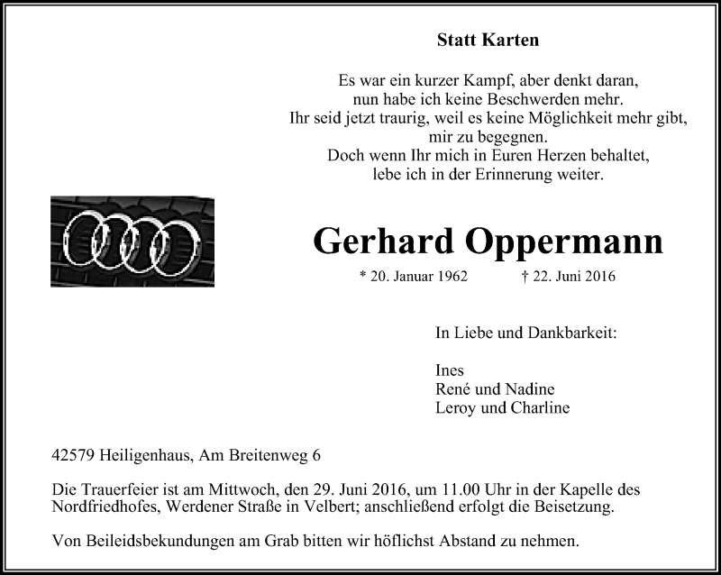  Traueranzeige für Gerhard Oppermann vom 25.06.2016 aus Stadtanzeiger Velbert + Heiligenhaus