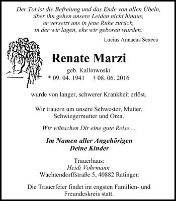 Traueranzeige von Renate Marzi von Witten aktuell