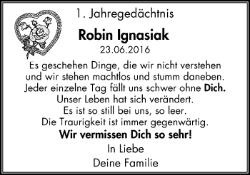 Traueranzeige von Robin Ignasiak von Stadtspiegel Iserlohn + Hemer