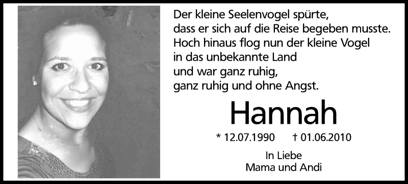  Traueranzeige für Hannah  vom 01.06.2016 aus Wochen-Anzeiger Langenfeld/Monheim/Hilden