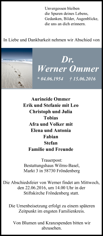  Traueranzeige für Werner Ommer vom 18.06.2016 aus Stadtspiegel Menden + Froendenberg